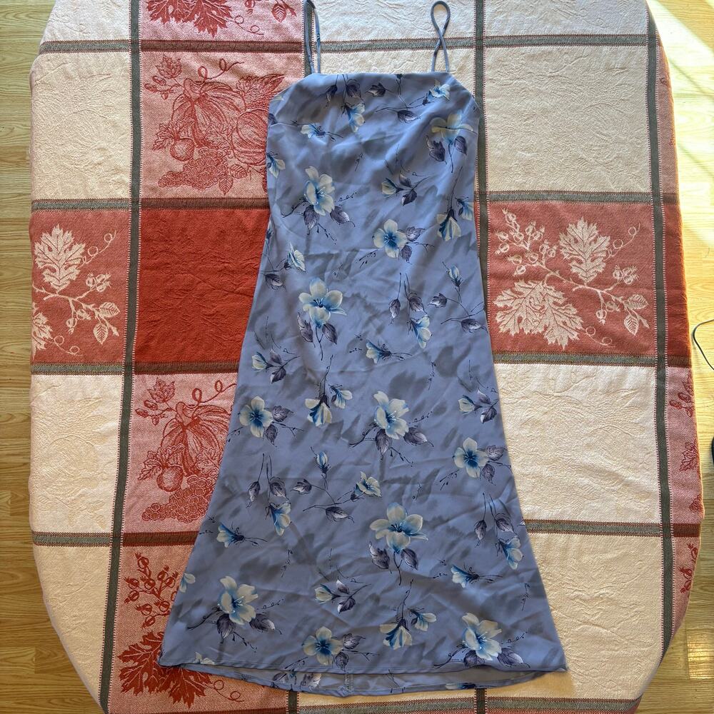 Vintage Cue Periwinkle Blue Floral Cross Back Spaghetti Strap Maxi Slip Dress M